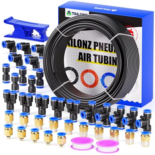 TAILONZ PNEUMATIC Black 6mm OD 4mm ID Polyurethane PU Air Hose Pipe Tube Kit 32 Meter 100ft - color: Black, size: 6mm OD/100ft/32m