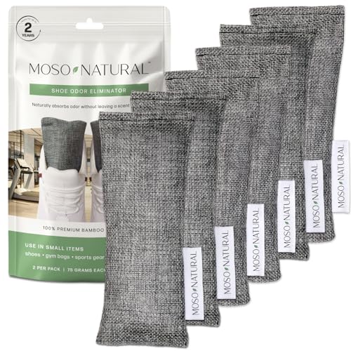 Moso Natural Shoe Deodorizer Inserts (3 Pack) Charcoal Odor Absorber for Shoes, Gym Bag & Boot Deodorizer, Unscented Shoe Odor Elimination, Air Purifying Bags, Lasts 2 Years (6 Bags) - style: 3 Pack (6 Bags)
