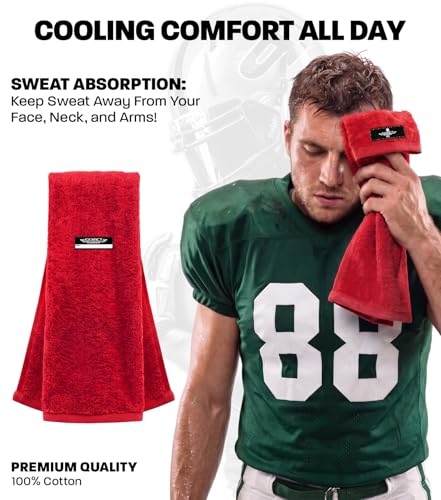 Red Football Towel with Hook & Loop Fastener (Red) | Quarterback QB Sports Towel Football to Clean Hands, Visor and Gloves - Highly Absorbent, Quick Dry - color: Red
