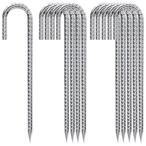 J Hook Rebar Stakes 12 Inch, Ground Stakes for Camping Tent Heavy Duty 10 Pack Rust Proof Coated Metal for Flower Gardens Landscape Fabric Pins Dog Fence - color: Silver-8mm, size: 10pcs