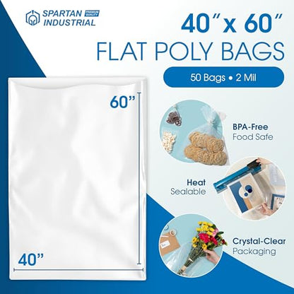 40" X 60" Open-End Flat Poly Bags (50 Count) - 2 Mil Clear Plastic Bags for Packaging, Shipping, Storage - No Adhesive Strip - Spartan Industrial - size: 40” X 60”