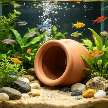 Saim Natural Clay Ceramic Cave Pot - Aquarium Fish Tank Decor Hideout for Betta Shrimp Cichlid Small Fish Breeding & Hiding Shelter Cute Ornament Aquatic Habitat- Large