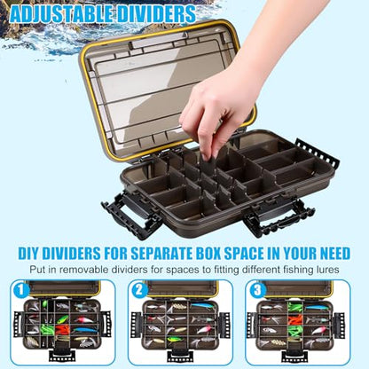 Wonderjune 6 Pack 3600 Fishing Tackle Boxes Waterproof Tackle Trays with Removable Dividers Clear Plastic Storage Organizer Bait Vault Camouflage Box for Freshwater Saltwater (Black) - color: Black