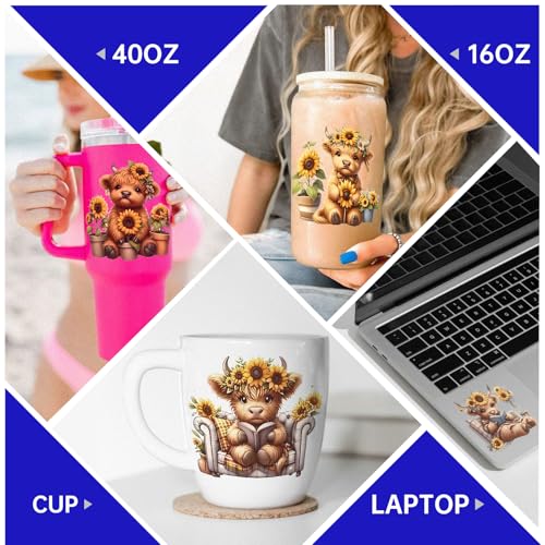 UV DTF Cup Wrap for 16oz Glass, 12 Sheets Highland Cattle Waterproof Rub On Transfers, UV DTF Decals Stickers for Tumbler Water Bottle