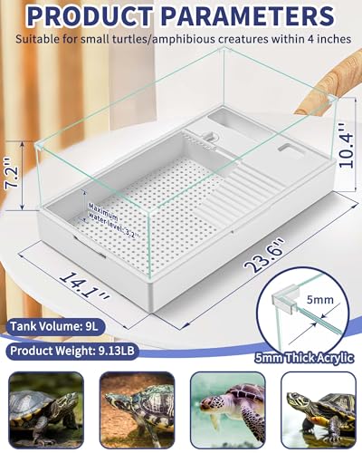 Large Turtle Tank Kit(Tank + Light + Water Pump), Acrylic Turtle Tank Starter Kit with Two Rain Shower Head, Adjustable 5W Water Pump, Higher Fences (Kit-L)