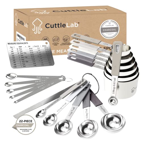22-Piece Stainless Steel Measuring Cups and Spoons Set, Tad Dash Pinch Smidgen Drop Mini Measuring Spoons, Measuring Stick Leveler, Measurement Conversion Chart Fridge Magnet, (Charcoal) - color: Charcoal