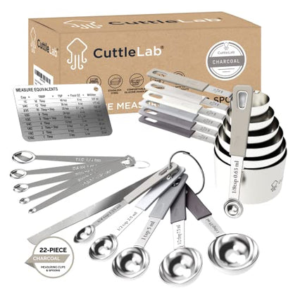22-Piece Stainless Steel Measuring Cups and Spoons Set, Tad Dash Pinch Smidgen Drop Mini Measuring Spoons, Measuring Stick Leveler, Measurement Conversion Chart Fridge Magnet, (Charcoal) - color: Charcoal