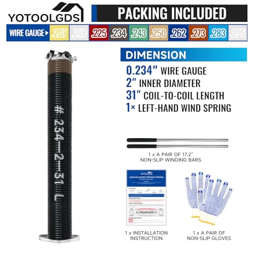 Left Hand Wind（Black Cone）2" Garage Door Torsion Spring with Non-Slip Winding Bars & Gloves, High Precision Electrophoresis Black Coated, for Replacement, MIN 16,000 Cycles (0.234x2''x31'') - size: 0.234X2"X31"-L