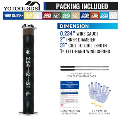 Left Hand Wind（Black Cone）2" Garage Door Torsion Spring with Non-Slip Winding Bars & Gloves, High Precision Electrophoresis Black Coated, for Replacement, MIN 16,000 Cycles (0.234x2''x31'') - size: 0.234X2"X31"-L
