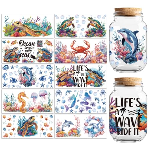 UV DTF Cup Wraps Transfer Stickers Marine Life Pattern, 10 Sheets Waterproof Custom Vinyl Transfer Sticker 16oz Coffee Glass Cup Tumbler Bottle Mug Decals for Men Women - style: Marine Life