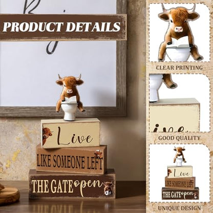 4 Pcs Highland Cow Bathroom Decorations Bathroom Wooden Table Centerpiece Blocks Highland Cow Tiered Tray Decor Live Like Someone Left The Gate Open Sign for Indoor Home Desk Room Shelf Decor - style: Highland Cow