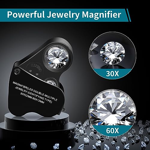 JARLINK 30X 60X Illuminated Jewelers Loupe Magnifier, Foldable Jewelry Magnifier with Bright LED Light for Gems, Jewelry, Coins, Stamps, etc - color: Black