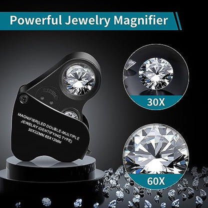 JARLINK 30X 60X Illuminated Jewelers Loupe Magnifier, Foldable Jewelry Magnifier with Bright LED Light for Gems, Jewelry, Coins, Stamps, etc - color: Black