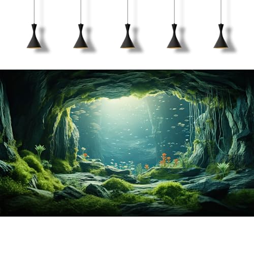 Underwater Aquarium Background Undersea Cave Large Rocks Fish Tank Background Aquatic Plant Lush Green Moss Terrarium Backgrounds Ocean Seabed Caves Landscape Reptile Tank Backgrounds 36x20in - size: 36(W)x20(H)inches/ 90(W)*50cm(H)
