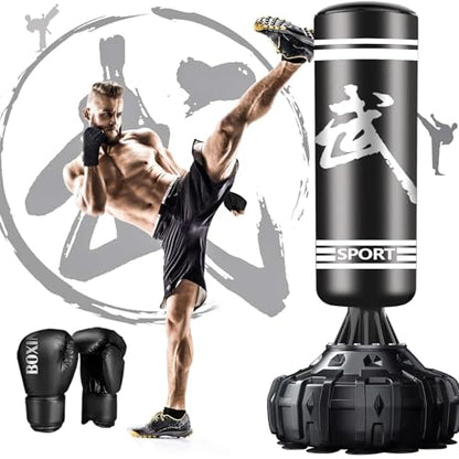 Freestanding Punching Bag, Heavy Boxing Bag with Stand for Adult Youth - Men Standing Boxing Punch Bag for Home Gym Workout - color: Black Armed 70.5'' with Boxing Gloves and Wrist Guard)