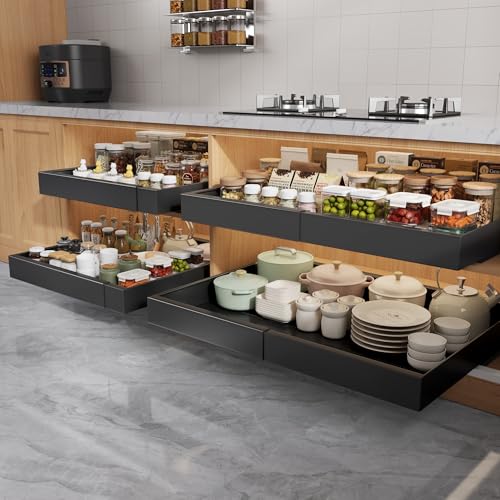 4 Pack Pull Out Cabinet Organizers 21" Deep With Raising Pad for Framed Cabinets, Expandable Width (15.2"-26.3") Slide Out Drawers Upgrade 3 Slide Rails, Roll Out Shelves Adhesive, Black - color: Black, size: 15.2"-26.3"Wide x 21"Deep(4 Pack)