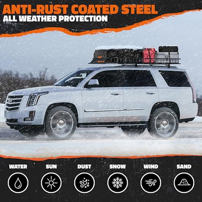 Mockins 90"x50"x6" XXL Heavy Duty Roof Rack Cargo Basket 2-Size Extendable | 250 Lbs Cap Steel Luggage Carrier for Car Rooftop Set w/ Straps| All-Weather Roof Cargo Carrier for SUV, RV, & Large Vehicles - size: Basket: 90"x50"x6"