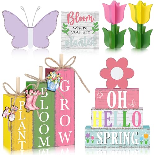 11 Pcs Spring Table Decorations Tulips Tiered Tray Decor Butterflies Home Centerpiece Decorative Wood Books Table Top Decor Flower Wooden Sign for Party Supplies - style: Spring