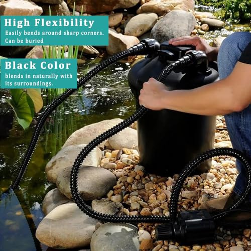 Pond Hose ID 1” × 10ft Black Corrugated Flexible Reinforced PVC Hose Vinyl Tubing for Pond Pump Fountain Garden Waterfall, Non-toxic & Kinkproof, with 2 clamps