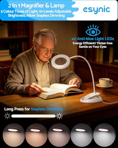 eSynic Desktop Magnifier with Light-40 LEDs- 5 Color Modes-10 Dimmable Brightness-Blue Light Blocking-5X & 10X Magnification-Flexible Gooseneck-Magnifying Lamp with Clamp & Base Stand– for Reading