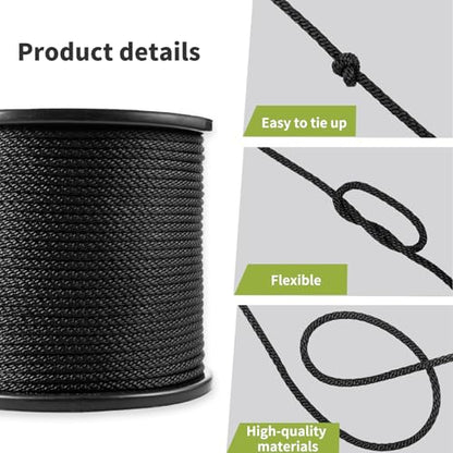 1/4 Inch × 500 FT Black Polyester Solid Braid Rope – UV & Abrasion Resistant, Low Stretch, Multipurpose for Flagpole Halyard, Clothesline, Camping, and Utility Tasks - size: 1/4 In×500 FT