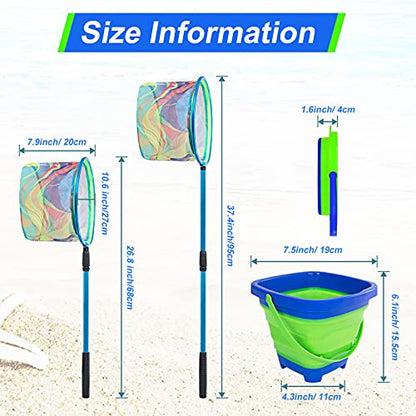 Kids Fishing Net, 2 Pack Telescopic Landing Nets with Aluminum Pole Handle, Collapsible Bucket Sand Pail, Butterfly Net, Fishing Net for Youth, Outdoor Playing - color: 2 Pack Blue