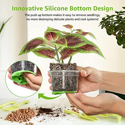 MIXC Thickened Clear Nursery Pots with Silicone Base for Easy Transplant 30 Packs 4 Inch, Transparent Plant Pot Reusable Seedling Pots for Vegetable Propagation, Root Cutting, Seed Starting, Green