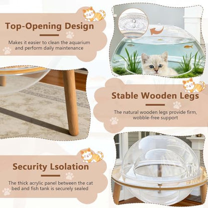 Large 2-in-1 Cat Cave & Fish Tank, 360° Immersive Cat TV House with Internal Observation Tunnel, Heavy-Duty Plywood Base & 4mm Thick Acrylic, Modern Pet Enrichment Furniture for Indoor Cats