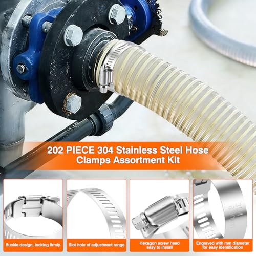 202PCS 304 Stainless Steel Hose Clamp Kit, 8 Sizes from 1/4" to 2" (6-51mm) Adjustable Worm Gear Clamps with Socket Wrench & Screwdriver, Automotive Fuel Line Water Pipe Clamps Assortment Set