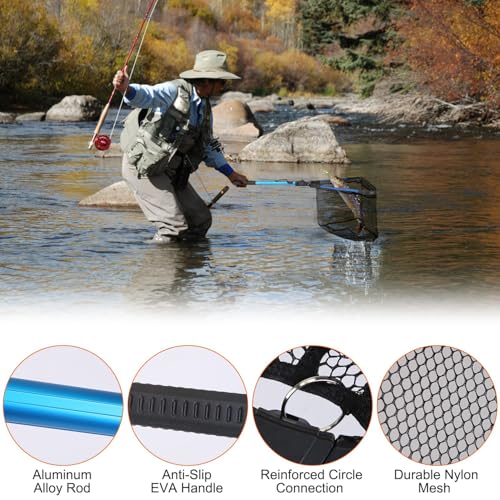 Foldable Fishing Net with Aluminum Alloy Rod EVA Handle Durable 5MM Hexagonal Nano Coating Nylon Mesh Collapsible Landing Net Safe Fish Catching or Releasing