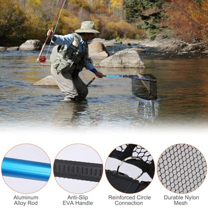 Foldable Fishing Net with Aluminum Alloy Rod EVA Handle Durable 5MM Hexagonal Nano Coating Nylon Mesh Collapsible Landing Net Safe Fish Catching or Releasing