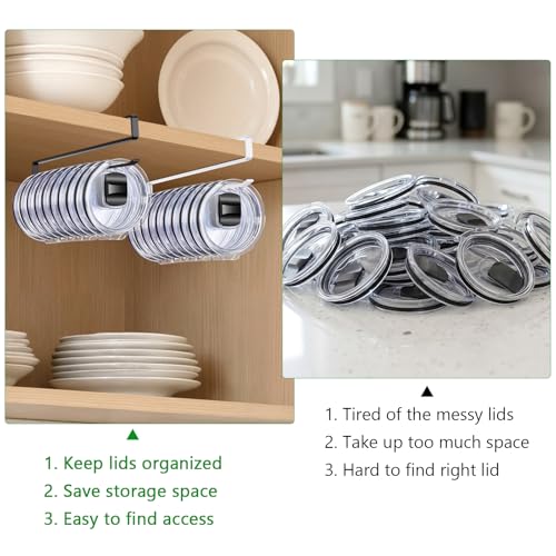 2 Pack Tumbler Lid Organizer, Cup Lid Holder for 24 Lids Under Cabinet, Space Saving Hook for Kitchen Storage and Coffee Cups, No Drilling, Carbon Steel,(Black)