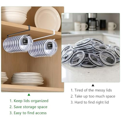 2 Pack Tumbler Lid Organizer, Cup Lid Holder for 24 Lids Under Cabinet, Space Saving Hook for Kitchen Storage and Coffee Cups, No Drilling, Carbon Steel,(Black)