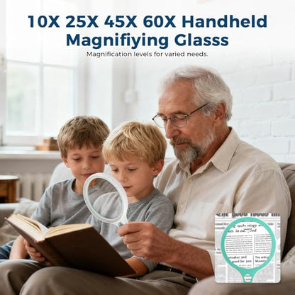 Large Magnifying Glass with Light,10X 25X 45X 60X Handheld Illuminated Lighted Magnifier, 5in Page Reading Magnifier with 12 LED Lights for Seniors Reading, Coins, Jewelry, Close Work - Green