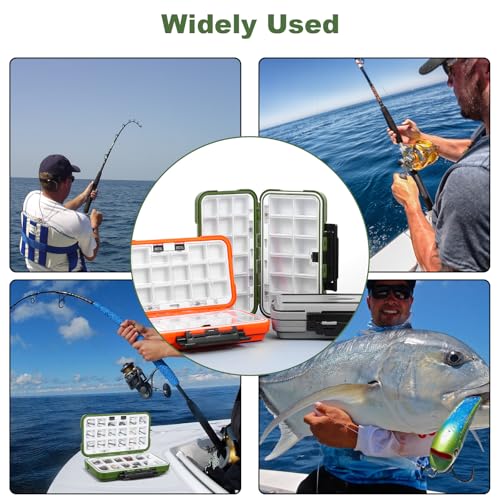 3 Pcs Small Waterproof Tackle Box Organizer, Plastic Double-Sided Storage with Adjustable Dividers for Fishing Lures, Hooks, Bait (Green, Orange, Gray)