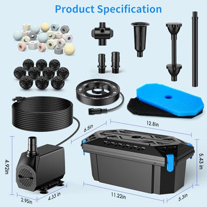 Pond Filter with LED Lights, RGB Pond Filter with 660GPH Pump Fountain Kit, Filter Box with RGB Auto-Cycle LED Lights & 3 Spray Modes for Outdoor Ponds Clean Clear and Build Water Features - style: 660GPH with Led Lights