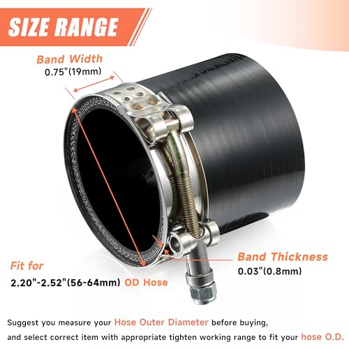 2 Pack 2" T-Bolt Hose Clamps, 304 Stainless Steel Turbo Intake Clamp, Working Range 2.20"-2.52"(56mm-64mm) for 2" I.D. Hose with 5mm Wall Thickness.(Suggest measure hose O.D. before buying) - size: 2" hose clamp 56mm-64mm (2.2-2.5”)