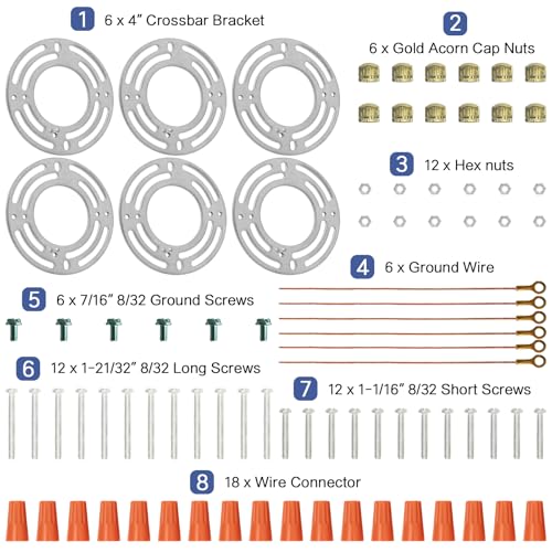6 Pack Universal Light Fixture Mounting Bracket Heavy Duty 50 LB Rated, 4 Inches Diameter Steel Round Light Crossbar Gold Acorn Cap Nuts for Ceiling Pendant Light Chandelier Wall sconces