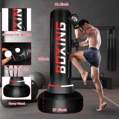 Punching Bag for Adults Teens, 70" Heavy Duty Boxing Bag with Stand | Kickboxing and MMA Muay Thai Training Equipment for Men and Women Beginners - color: Red White Alphabet Pattern