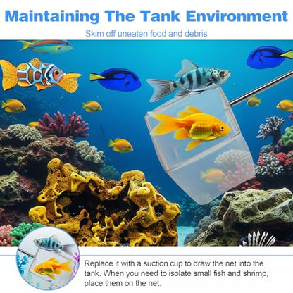 2 Pcs Small Fish Tank Shrimp Net, Stainless Steel Extendable Handle Aquarium Net, Fine Nylon Mesh, Square Debris Skimming Nets for Pond and Aquarium