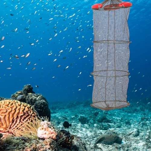LALAFINA Coffee Brown Four-Ring Thickened Mesh Fish Guard Net with Drawstring, Large Capacity Fishing Mesh Net Suitable for Crab Trap and Shrimp Fishing,