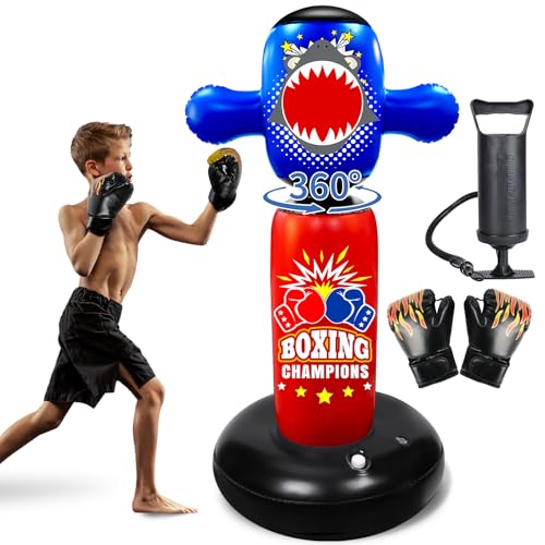 Punching Bag for Kids with 360° Rotating Head, Hyperzoo 63" Heavy-Duty Inflatable Boxing Bag with Glove, Freestanding Punching Bag Toy for Boys & Girls Ages 5–12 – Great - style: Shark