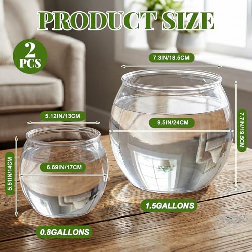 2 Pack Clear Plastic Fish Bowls, 1.5 Gallon & 0.8 Gallon Shatterproof Round Tank for Tabletop Mini Ecosystem, Terrarium, Flower Vase, Centerpiece Decor, Temporary Habitat, Gift for Fish Lovers - size: 1.5 Gallon + 0.8 Gallon