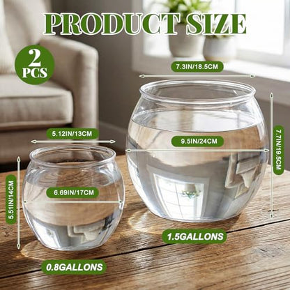 2 Pack Clear Plastic Fish Bowls, 1.5 Gallon & 0.8 Gallon Shatterproof Round Tank for Tabletop Mini Ecosystem, Terrarium, Flower Vase, Centerpiece Decor, Temporary Habitat, Gift for Fish Lovers - size: 1.5 Gallon + 0.8 Gallon