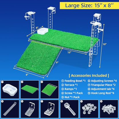 Turtle Basking Platform with Artificial Grass & Adjustable Ramp Non-Slip Large Dock for Aquatic Turtles Fits 0.31"-2.11" Thick Tanks Durable Acrylic Turtle Tank Accessories 15 Inch - size: 15 Inch