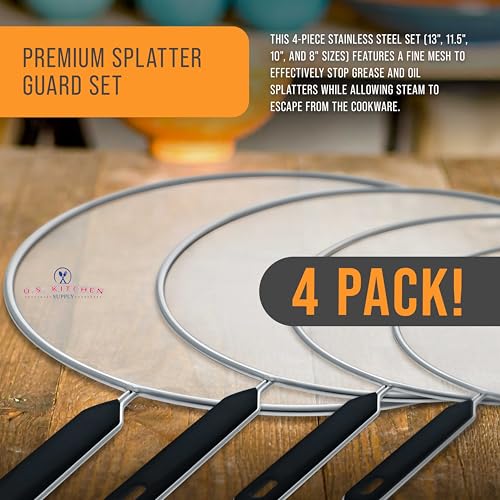U.S. Kitchen Supply 4-Piece Stainless Steel Splatter Guard Set (13", 11.5", 10",8”) Fine Mesh Cover, Grease & Oil, Splatter Screen for Frying Pan, Cooking Pots, with Comfort Grip Handles