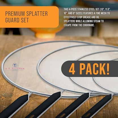 U.S. Kitchen Supply 4-Piece Stainless Steel Splatter Guard Set (13", 11.5", 10",8”) Fine Mesh Cover, Grease & Oil, Splatter Screen for Frying Pan, Cooking Pots, with Comfort Grip Handles