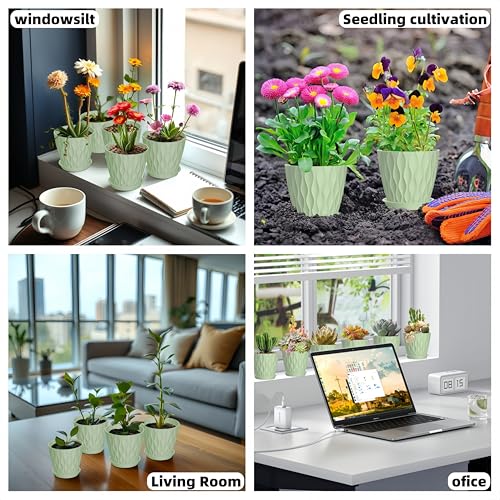 16 Pack 4 Inch Plastic Planter Pots with Tray, Heavy Duty Indoor Outdoor Planter Pots with 48 Drainage Holes for Herbs, Succulents, Seedlings, Flowers Durable and Lightweight Light Green - color: Light Green