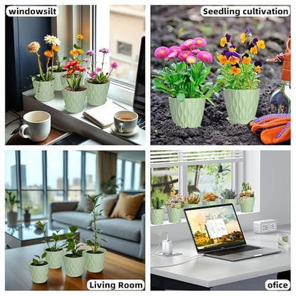 16 Pack 4 Inch Plastic Planter Pots with Tray, Heavy Duty Indoor Outdoor Planter Pots with 48 Drainage Holes for Herbs, Succulents, Seedlings, Flowers Durable and Lightweight Light Green - color: Light Green