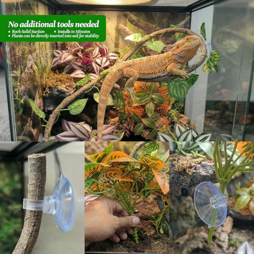 5 Pcs Reptile Plants & Habitat Decor Kit - 3 Artificial Hanging Plants & Large 3.3ft Jungle Vine Branch, Terrarium Tank Climbing Accessories for Crested Gecko, Bearded Dragon, Lizard, Snake, Chameleon